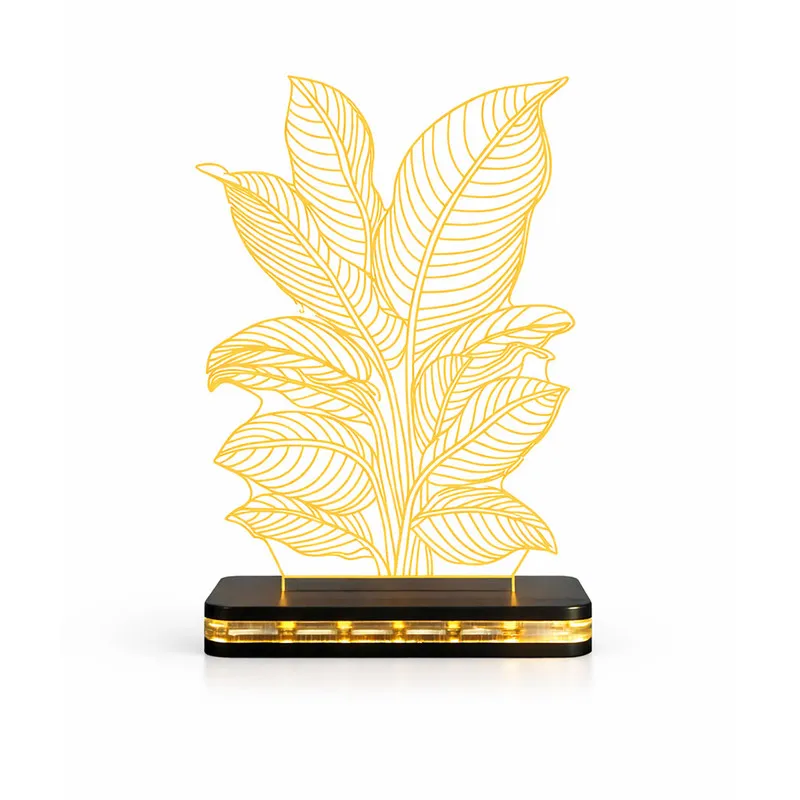 3D LED Leaf Design Acrylic Night Lamp – Warm White Decorative Table Light with Wooden Base