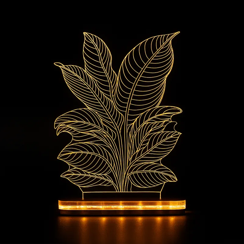 3D LED Leaf Design Acrylic Night Lamp – Warm White Decorative Table Light with Wooden Base