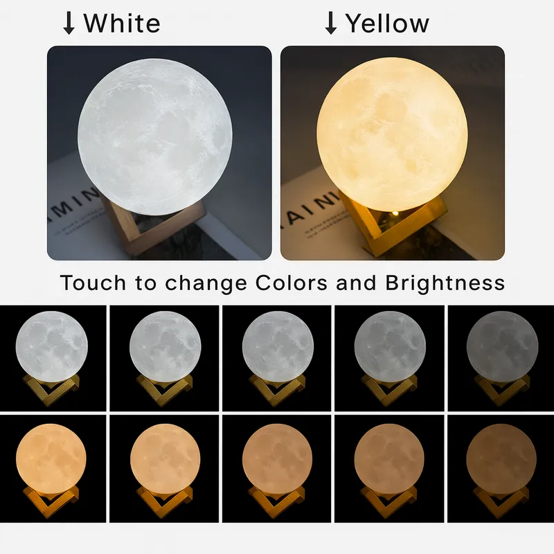 3D Moon Lamp Touch Control LED Night Light with Wooden Stand