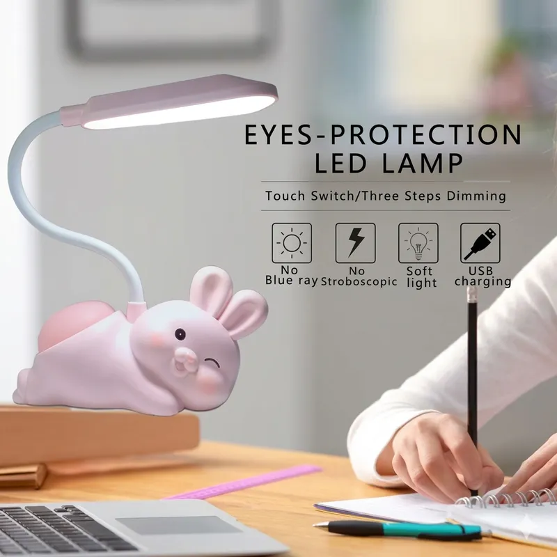 Cute Bunny LED Study Lamp | USB Rechargeable Eye-Caring Desk Lamp with Flexible Neck