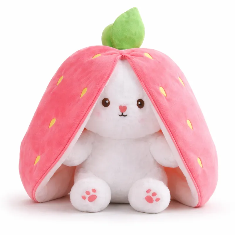Cute Strawberry Bunny Plush Toy | Reversible Stuffed Soft Pillow | Kawaii Bunny Cushion for Kids & Gifts