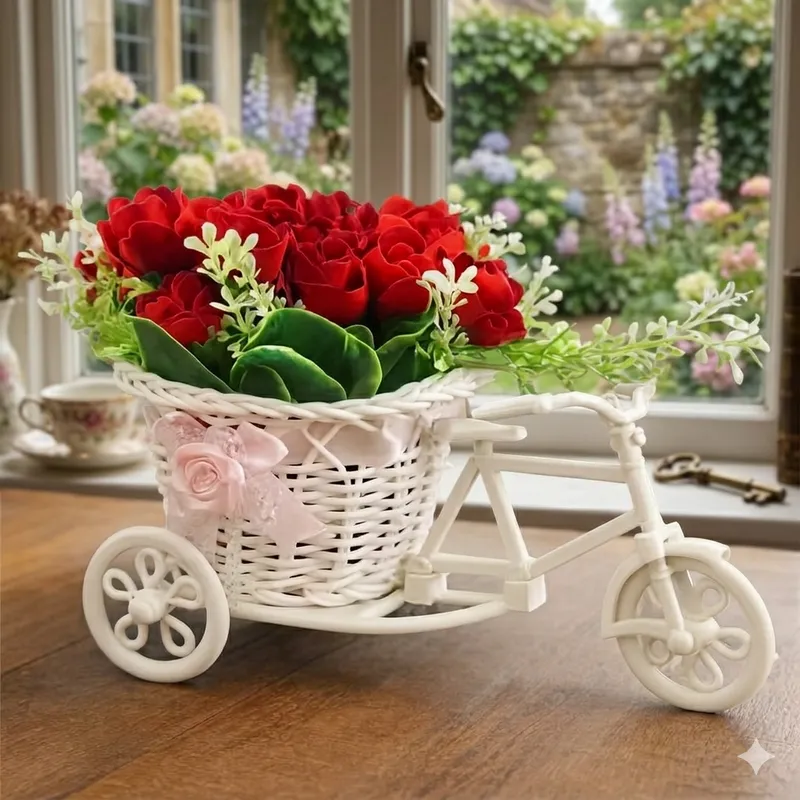 Decorative Cycle Flower Basket Showpiece with Artificial Roses