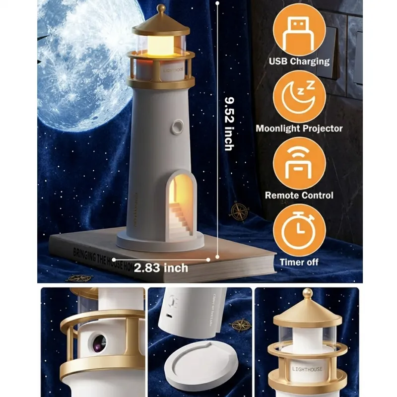 Lighthouse Moon Projection Lamp with Remote Control – LED Night Light, USB Rechargeable Atmosphere Lamp for Bedroom & Home Décor