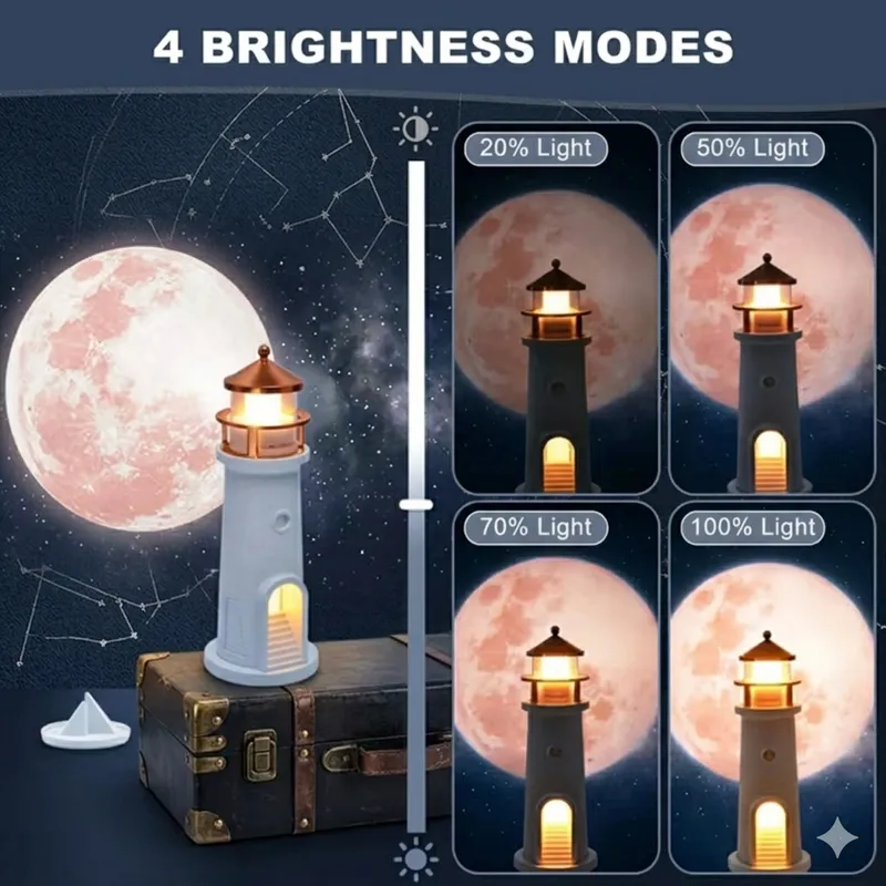 Lighthouse Moon Projection Lamp with Remote Control – LED Night Light, USB Rechargeable Atmosphere Lamp for Bedroom & Home Décor