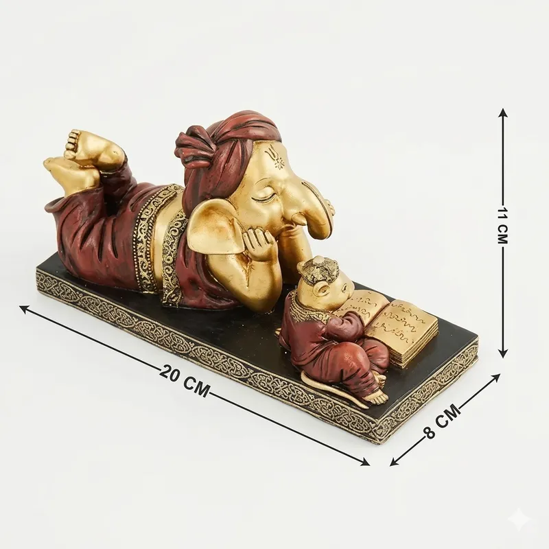 Sleeping Lord Ganesha Reading Book Showpiece – Resin Ganpati Idol for Home Décor