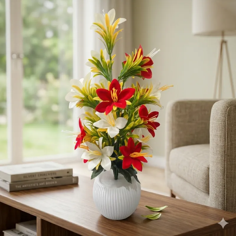 Artificial Lily Flower Arrangement with Ceramic Vase