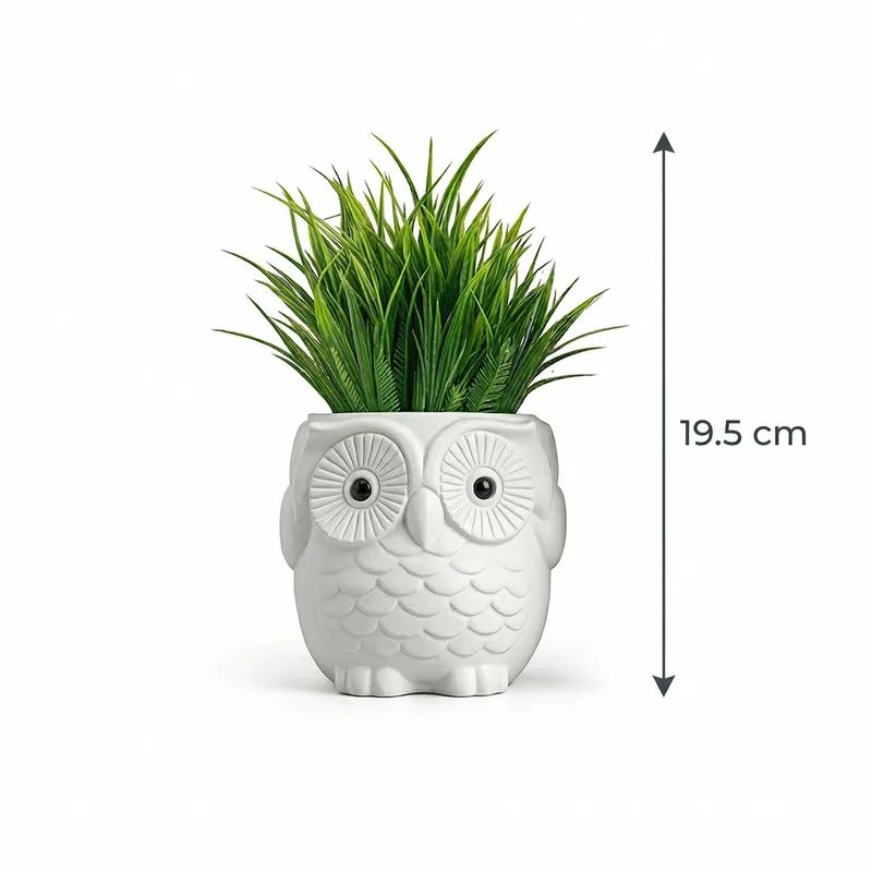 Cute Owl Ceramic Planter Pots with Artificial Plants (Set of 2)