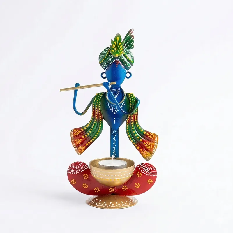 Handcrafted Krishna Metal Tealight Candle Holder (Multicolor)