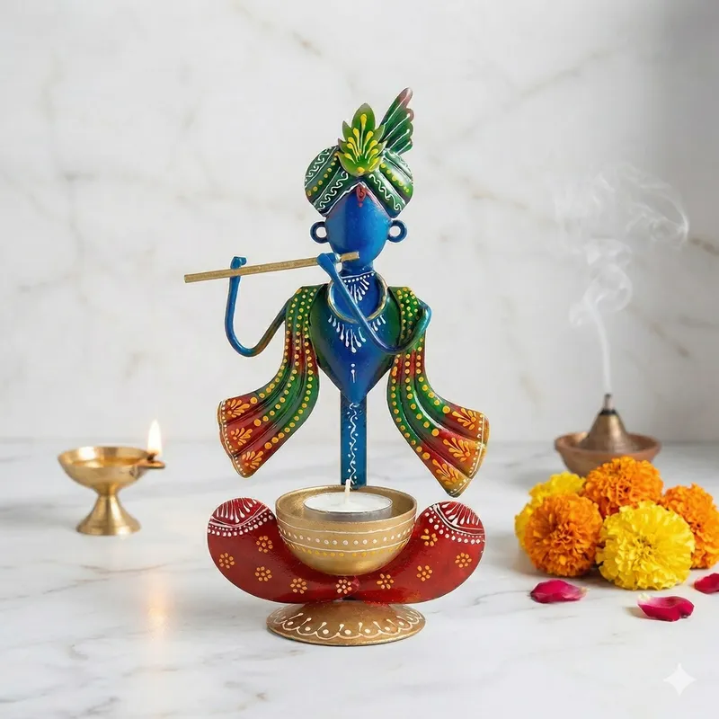 Handcrafted Krishna Metal Tealight Candle Holder (Multicolor)