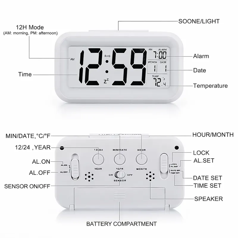 LED Digital Alarm Clock with Temperature Display, Snooze Function & Backlight