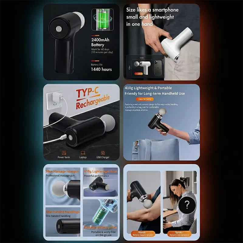 Portable Deep Tissue Massage Gun with 4 Speed Levels | Rechargeable Body Massager for Muscle Pain Relief