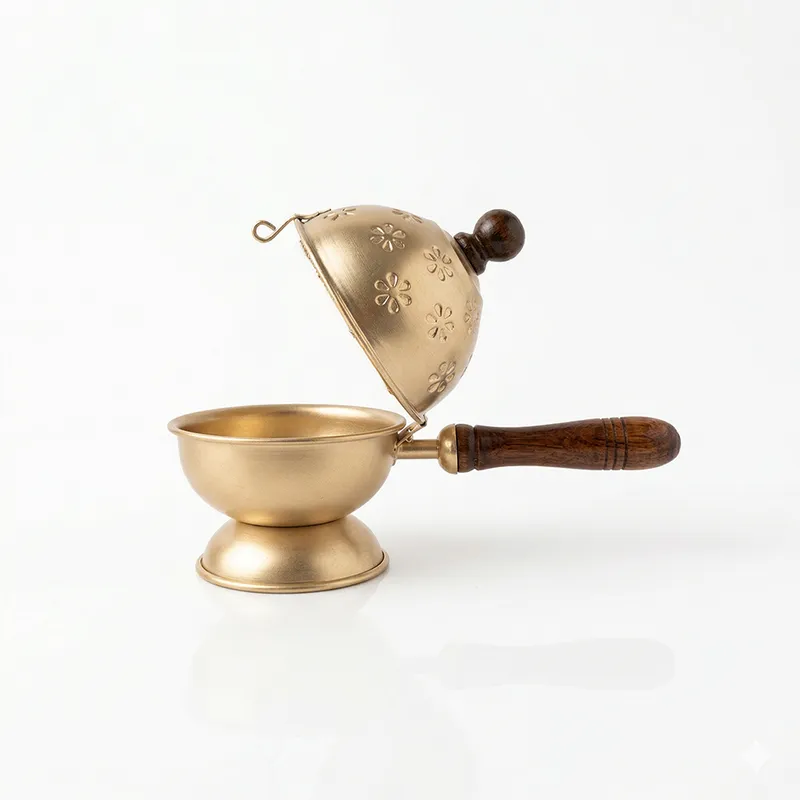 Premium Brass Puja Dani with Wooden Handle – Dhoop/Incense Burner for Home