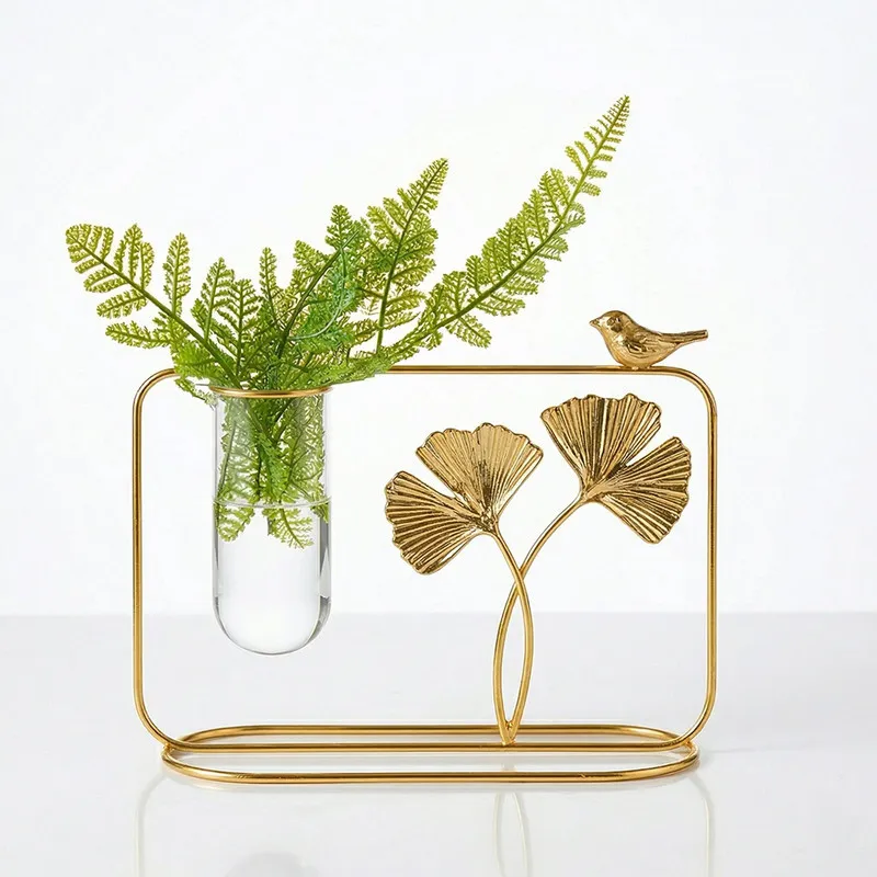 Premium Golden Metal Flower Vase Stand with Glass Tube