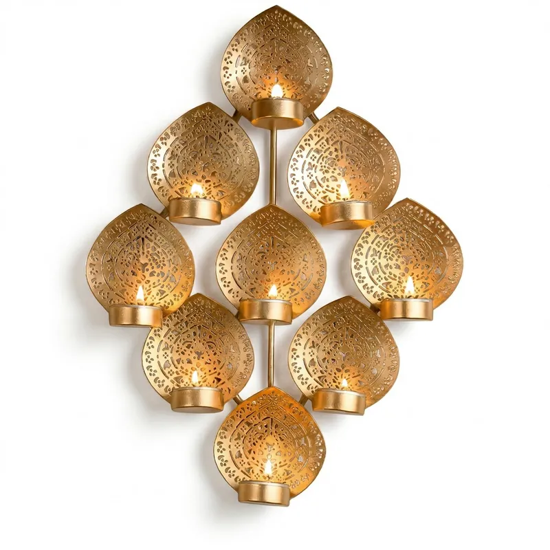 Premium Golden Metal Wall Hanging Diya Stand | 9 Tealight Candle Holder Wall Décor