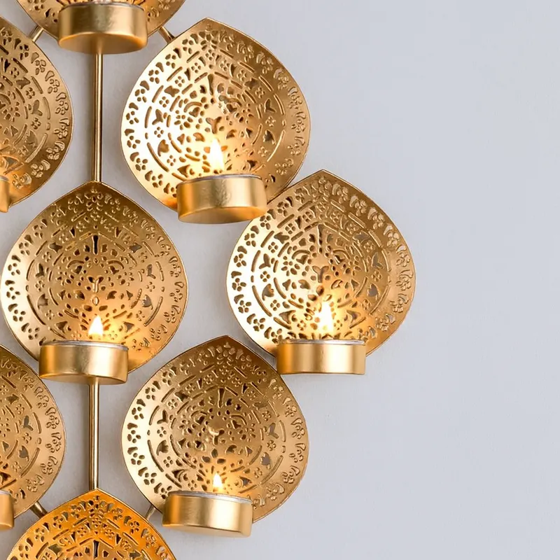 Premium Golden Metal Wall Hanging Diya Stand | 9 Tealight Candle Holder Wall Décor