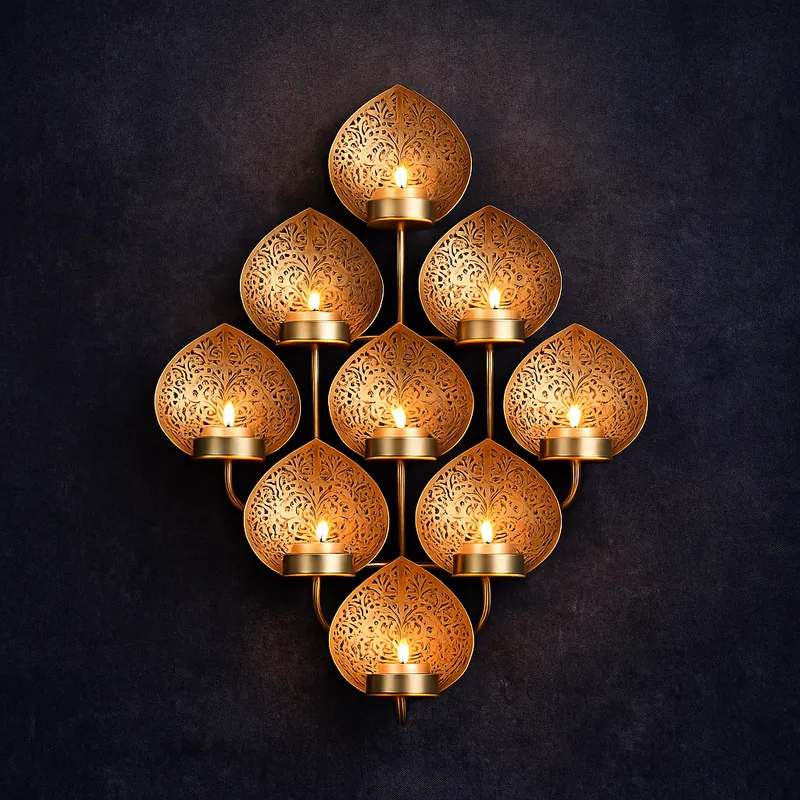 Premium Golden Metal Wall Hanging Diya Stand | 9 Tealight Candle Holder Wall Décor
