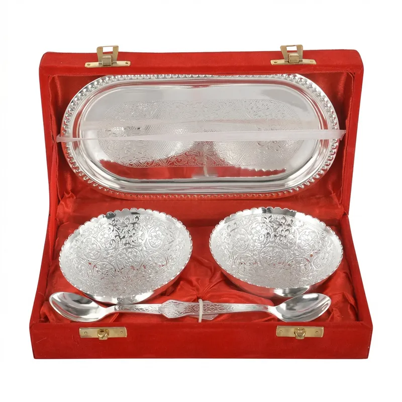 Premium Silver Plated Bowl Set with Tray & Spoons in Velvet Gift Box