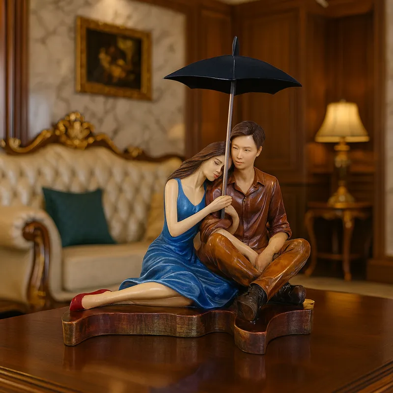 Romantic Couple Figurine Showpiece with Umbrella | Premium Resin Love Statue